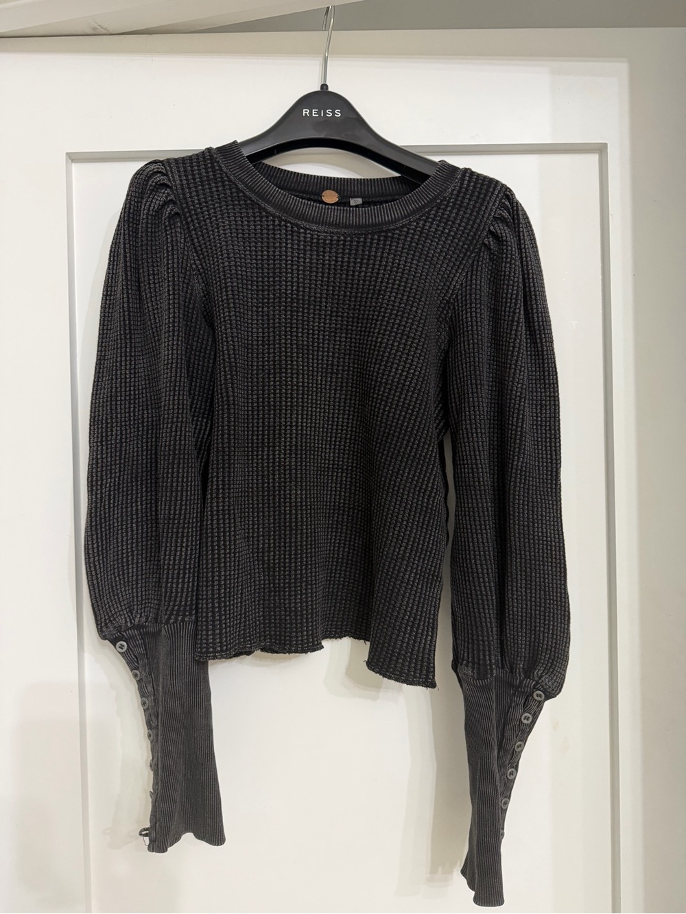 Free People Black Ribbed Puff-Sleeve Button-Cuff Sweater